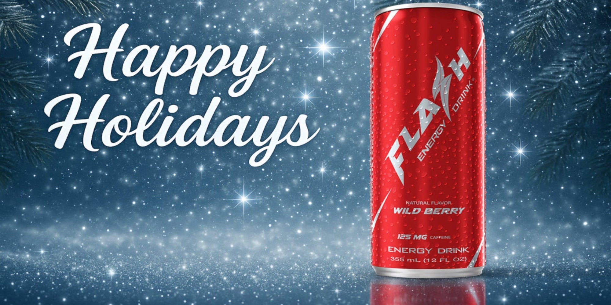 Red energy drink can with 'Happy Holidays' text on a festive background