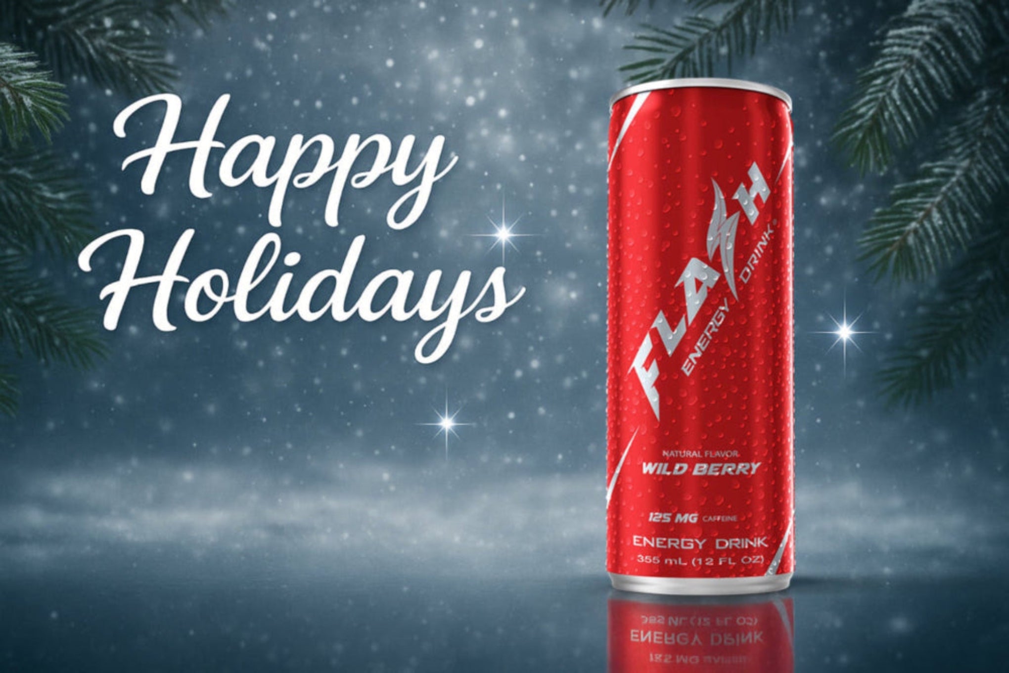 Flash energy drink can with 'Happy Holidays' text against a festive background